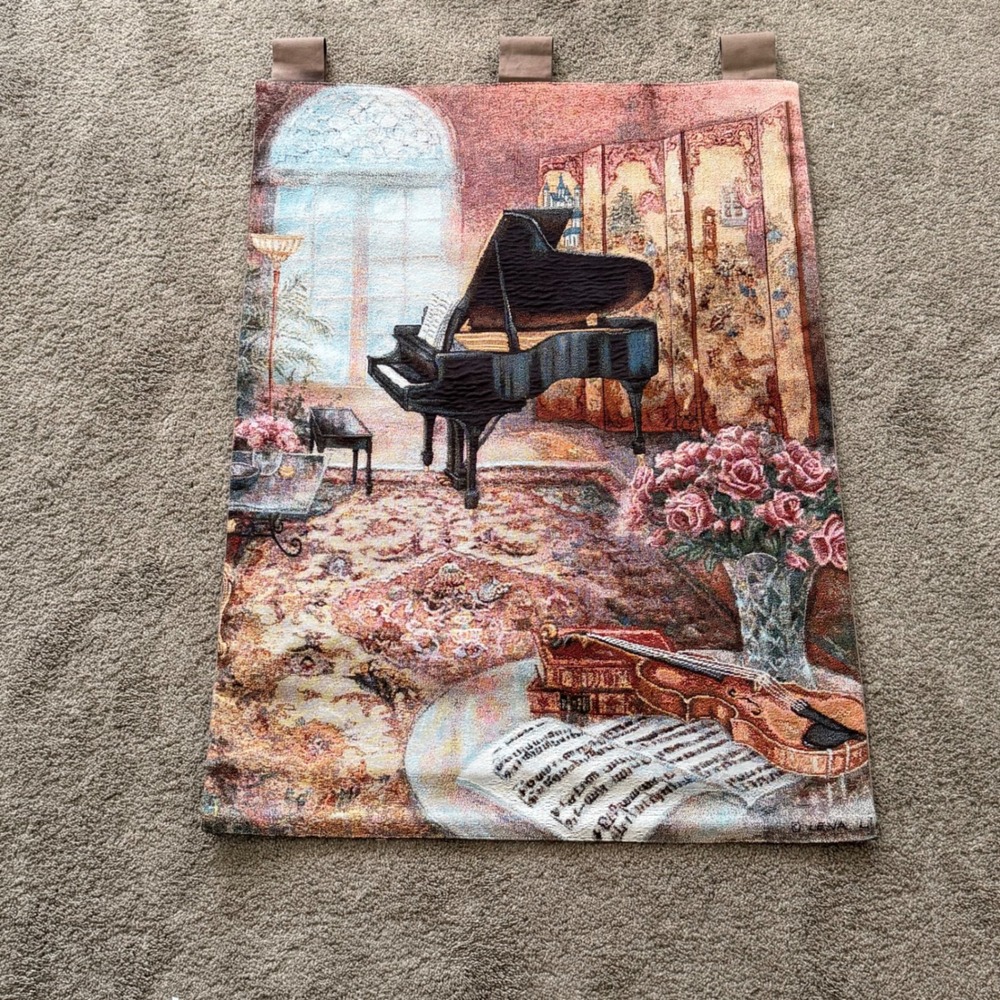 Lena‎ Liu The Music Room Woven Tapestry Wall Piano Violin 26x36 Made in USA